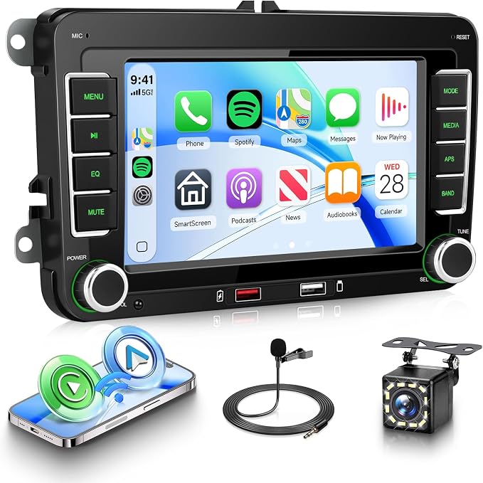 Car Stereo for Volkswagen VW Jetta Passat Golf Beetle Polo Caddy Tiguan Touran for SEAT for Skoda, 7 Inch IPS Touch Screen Wireless CarPlay & Android Auto, FM/AM/RDS Radio, EQ, SWC, Camera