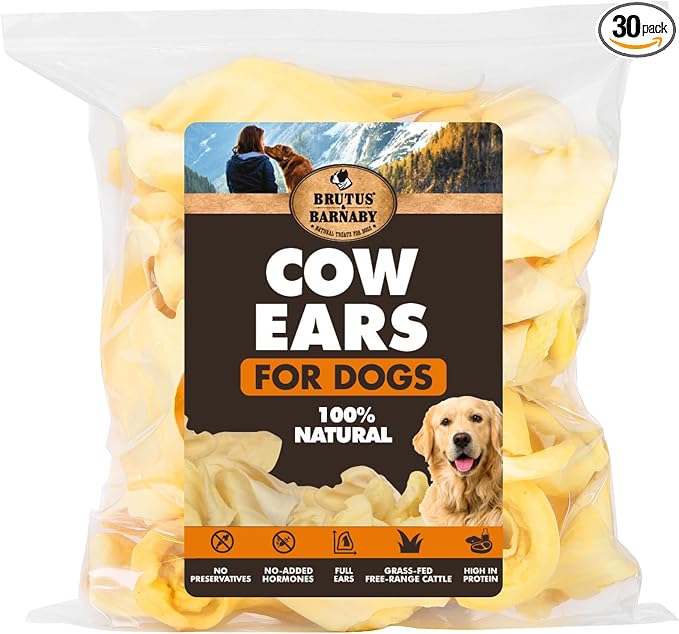BRUTUS & BARNABY Cow Ears for Dogs – Whole Ears 30 ct, Thick Cut, Grass-Fed Angus Beef, All-Natural No-Rawhide Dog Treat Alternative