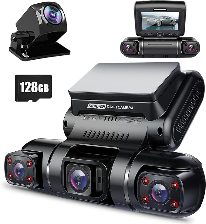 360° 4 Channel Dash Cam Front and Rear Inside Left Right, Dash Camera for Cars, Built-in GPS WiFi Night Vision, 24/7 Recording Parking Mode Monitor, 128G Card Included