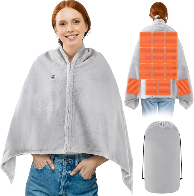 Mindsoft Heated Blanket Wearable Shawl Battery Operated Cordless USB Heated Shawl with Storage Bag Rechargeable Electric Blanket 3 Heating Levels Throw for Adult Women Winter Outdoor