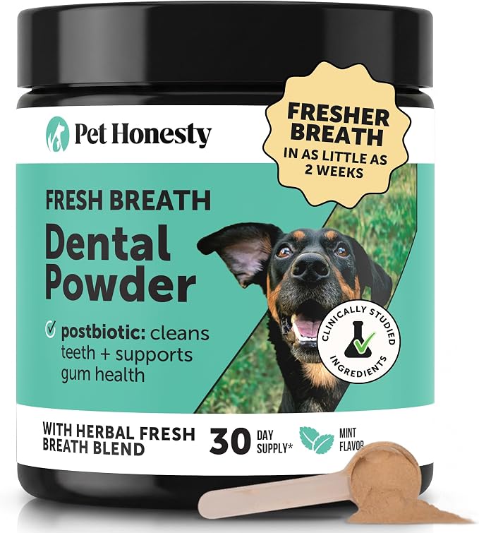 Dog Breath Freshener Dental Powder - Teeth Cleaning Plaque Off + Tartar Remover for Dogs - Care Supplement Food Topper with Kelp, HMP + Postbiotics for Healthy Gums - Mint Flavor (30 Servings)