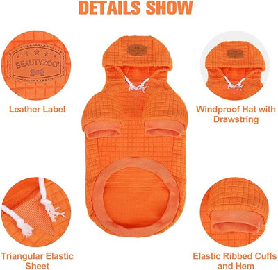 BEAUTYZOO Medium Dog Hoodie Sweater with Pockets, Dog Clothes for Small Medium Dogs Boy Girl, Waffle-Like Laminated Cotton Pet Coats with Hat and Leash Hole, Orange XL