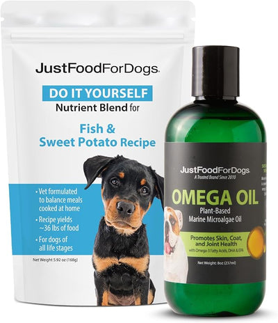 JustFoodForDogs DIY Homemade Fish Dog Food Nutrient Blend and Omega Oil Kit Bundle, Eco-Friendly Algae Oil, Omega-3 Fatty Acids