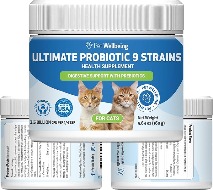 Pet Wellbeing Ultimate Probiotic 9 Strains with FOS Prebiotics for Cats - Digestive Health, Immune Support & Gut Flora Balance - NASC Certified & Vet-Formulated - 160 g Powder