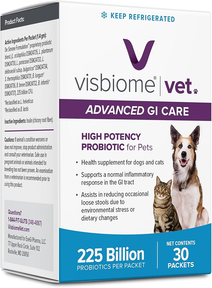 Vet Advanced GI Care High Potency Probiotic for Dogs & Cats – 225B CFU, 8-Strain Formula – Refrigerated, Veterinarian Recommended, Clean Label Certified – 30 Packets