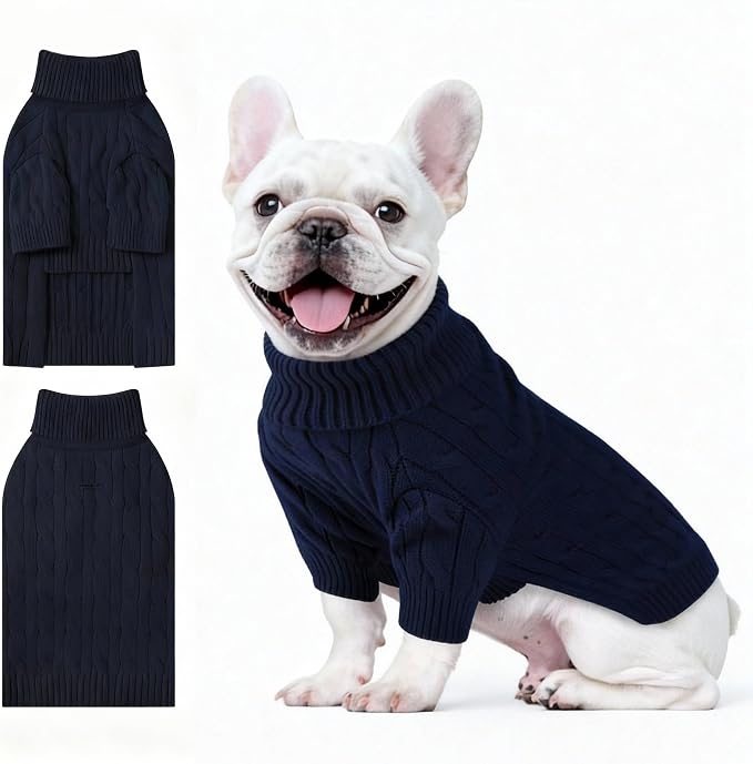 Small Dog Thermal Pullover Sweater, Classic Turtleneck Cable Knitwear Dog Clothes for Cold Weather Warm Pet Clothes for Chihuahua, Bulldog, Dachshund, Pug Navy Large