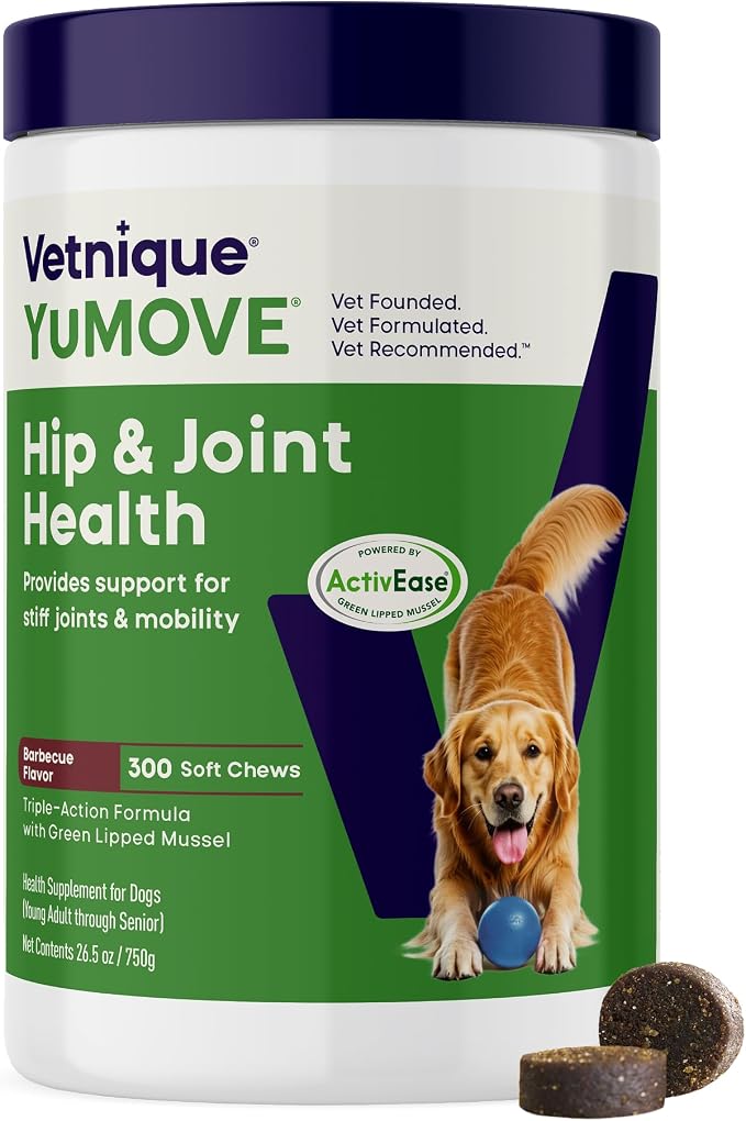 Adult Dog Hip & Joint Soft Chews, ActivEase Green Lipped Mussel, Glucosamine for Dogs, Hyaluronic Acid & Omega 3 - Barbecue Flavor (300ct Chews, Regular Strength)