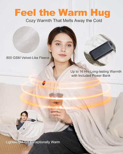 MIMYTH Cordless Heated Blanket with Hood, Rechargeable Wearable Heated Blanket Battery Powered with Strong Battery, 9 Heating Zones, 3 Levels, Portable Heated Throw Blanket, Camping(Wool Gray)