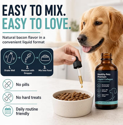 Healthy Petz Premium Liquid Collagen for Dogs – with Collagen, Hyaluronic Acid & Vitamin C – Skin Barrier, Coat & Joint Support