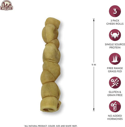 Wild Eats 9" Water Buffalo Treats No-Hide Cheek Roll - 3 Pack Long Lasting Dog Chews, Rawhide Free, Substitute for Pig Ears, for Aggressive Chewers & Large Dogs, Low Fat, High Protein