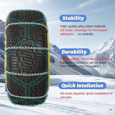 Auto Fixing Snow Chains, 2 x 12 mm, 30s Quick Installation of Tire Chains with Automatic Tensioner, Universal Emergency Tire Traction Chain for Cars, Pickups, and SUVs (HLN 90)