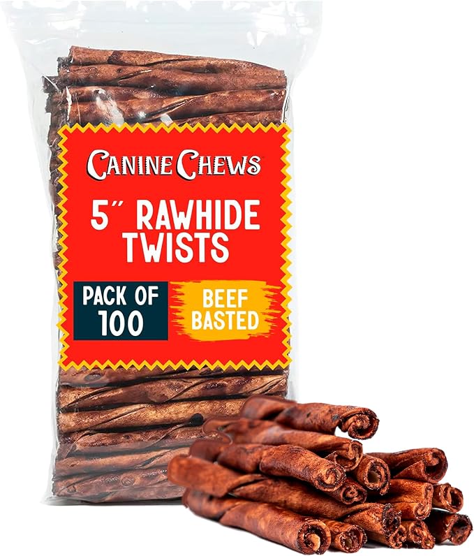 Small Rawhide Twists for Dogs - Pack of 100 5" Beef Flavored Rawhide Sticks for Small Dogs & Puppies - Protein Dense Beef Flavored Rawhides for Dogs - Natural Dog Rawhide Sticks