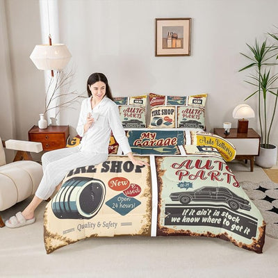 Vintage Car Signs Comforter Set For Boys, Automobile Pattern Down Comforter, Repair Vehicle Garage Bedding Set Twin Size For Kids Girls Teens, Classics Servicing Duvet Insert Bedroom Decor