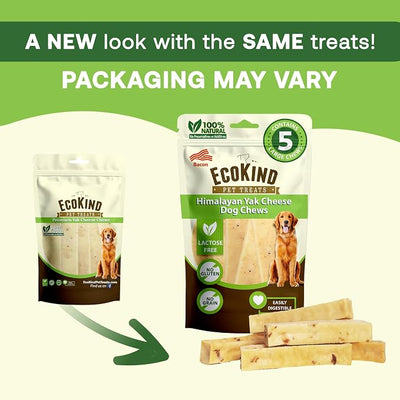 EcoKind Yak Cheese Himalayan Dog Chews, Yak Chews for Large Dogs, Long Lasting Bone for Aggressive Chewers, 4 Ingredient Natural High Protein Treats, No Additives, Lactose Free, Bacon, Large - 5 Chews