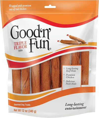 Good 'n' Fun Ribs Long-Lasting Dog Treat, With Real Proteins, Beef Hide and Premium Chicken, Supports Dental Health, Mental Stimulation, 12 oz