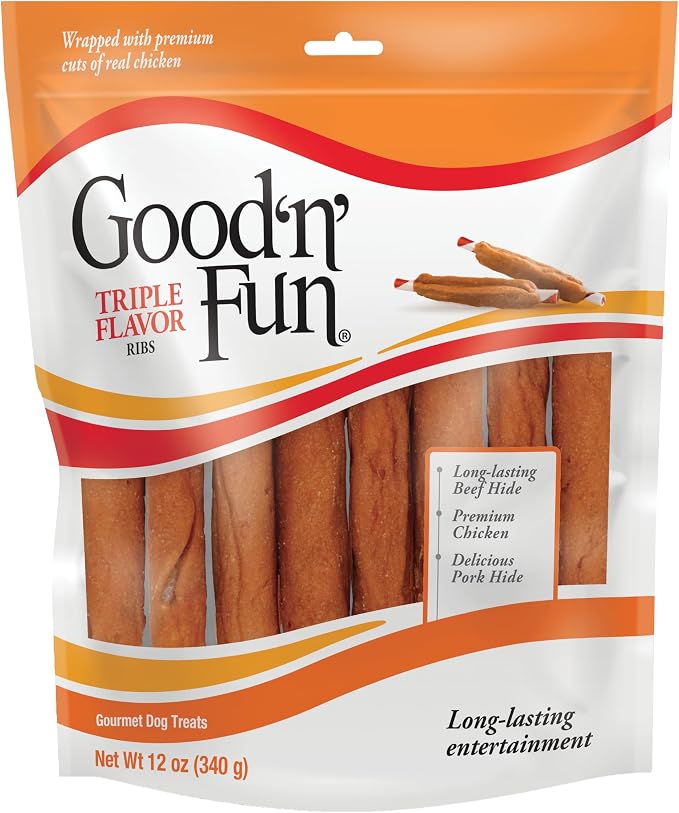 Good n' Fun Ribs Long-Lasting Dog Treat, With Real Proteins, Beef Hide and Premium Chicken, Supports Dental Health, Mental Stimulation, 12 oz