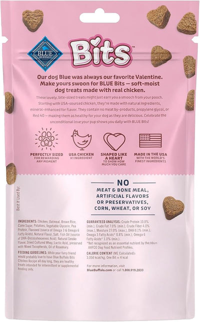 Blue Buffalo Bits Soft & Chewy Natural Dog Treats, Bite-Sized & Heart-Shaped Valentine’s Morsels, Chicken Recipe, 4.5-oz Bag
