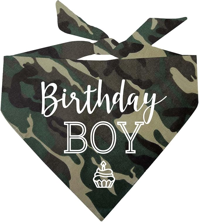 Birthday Boy with Cupcake Dog Bandana | 100% Cotton | Made in USA | Birthday | Pawty | Party Theme | Celebration Supplies | Photoshoot | Camo, One Size (214)