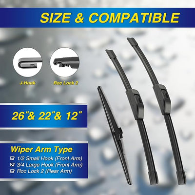 5 PLUS® Silicone Windshield Wipers Replacement for 2009 2010 2011 2012 2013 2014 2015 2016 Toyota Venza Wiper Blades(Set of 3),Automotive Replacement Windshield Wiper Blades For My Car-26"/22"/12"