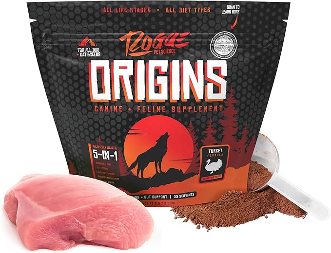 Origins 5-in-1 Dog Supplement - Powdered Food Topper w/Natural Turkey Protein- Supports Healthy Digestion, Skin, and Coat - Helps Reduce Itching & Joint Inflammation (2LB)