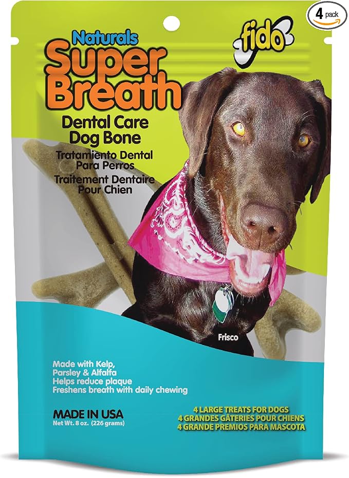 Fido Super Breath Dental Care Bones for Dogs, Large - 4 Count - Fresh Breath Dog Dental Treats for Large Dogs - Plaque & Tartar Control - Made in USA