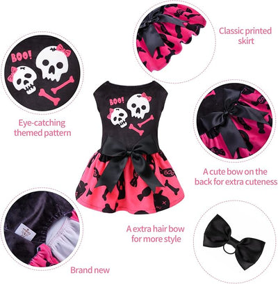 CuteBone Halloween Skulls Dog Dress Velvet for Small Dogs Girl Puppy Dresses Pink Dog Clothes