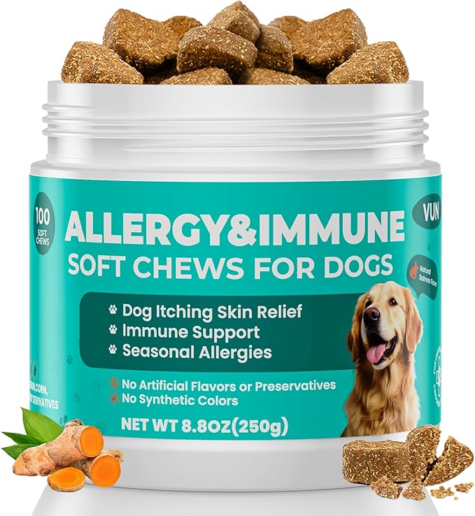 Dog Allergy Relief Chews,Itchy Skin and Coat Relief,Paw Licking Support with Omega 3 Fish Oil,Probiotics Colostrum for Seasonal Allergy and Hot Spot,Immune Supplement for Dogs-100 Soft Chews