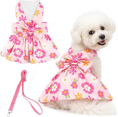 Dog Dress Harness Dresses Leash Set for Small Dogs Cute Girl Dog Clothes with Bowknot Puppy Outfits for Shih Tzu Yorkies Chihuahua (Medium, Floral)