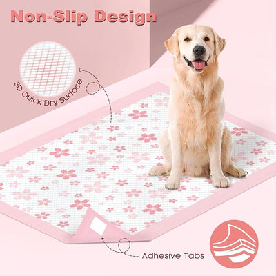 MIZOK Dog Pee Pads Extra Large 28"x34", Potty Pads for Big Dog Breeds, Super Absorbent & Leak-Proof, Pink Cherry Blossom Prints, Thick & Heavy, 4-Corner Adhesive Tabs, XL (50 Counts)