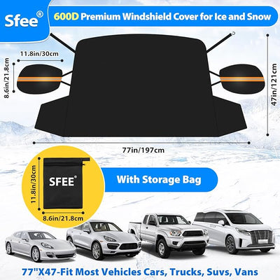 Sfee Windshield Cover for Ice and Snow,Heavy-Duty 600D Waterproof Windshield Snow Cover With 2 Mirror Covers, All-Weather Magnetic Frost Guard Winter Car Snow Cover Fit Car, Truck, Suv,Van (77" X 47")