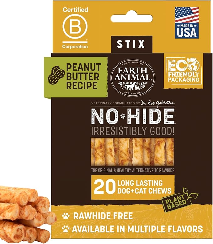 No Hide Stix - Long Lasting Rawhide Free Small Dog Chews Sticks, Peanut Butter - 20 Count Value Pack