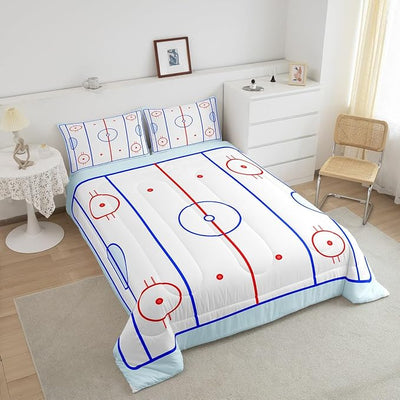 Erosebridal Teens Hockey Comforter Set, Kids Boys Ice Hockey Field in Blue Tones and Red Graphic Outline for Sport Events Down Comforter, Decorative 2 Piece Bedding Set with 1 Pillow Case, Twin Size
