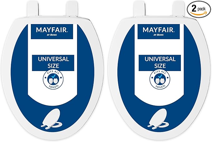 Mayfair Universal Size Slow Close Toilet Seat, Durable Plastic, Fits Round & Elongated Toilets, White (Pack of 2)