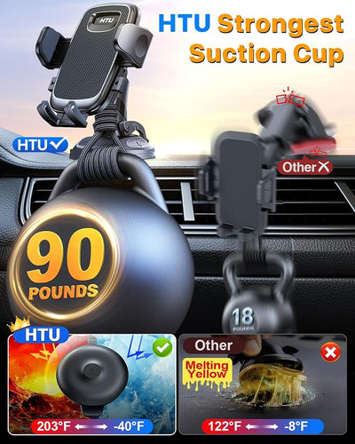 HTU [2026 Latest Upgrade Military-Grade Anti-Shake Car Phone Holder, 90+LBS Strong Suction Car Phone Mount, 360° Rotatable Mount for Dashboard Windshield Vent, for iPhone 17/16 Pro Max, Deep Black