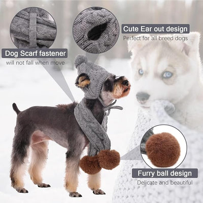 Kuoser Dog Winter Hat & Scarf Set, Knitted Hat Pet Christmas Winter Warm Caps Cute Accessories Neck Ear Warmer Hood Warm Scarf Party Decoration for Cat and Dog Grey