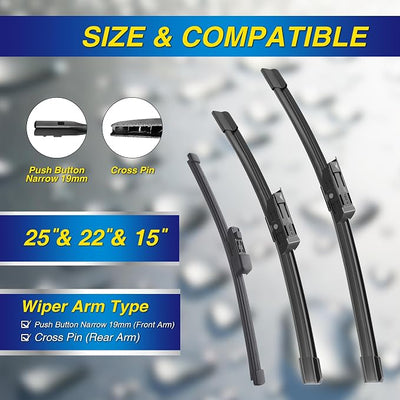 5 PLUS® Silicone Windshield Wipers Replacement for 2018-2022 Volkswagen VW Tiguan Wiper Blades(Set of 3),Automotive Replacement Windshield Wiper Blades For My Car-25"/22"/15"