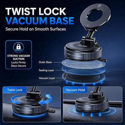 MUSEL Magnetic Car Phone Holder for MagSafe, Vacuum Mount for iPhone 17-12 | 88 lb suction hold, 2600 gf magnetic force, 22 N55 magnets, 360 degree rotation, bottom plate and ring included, dash mount