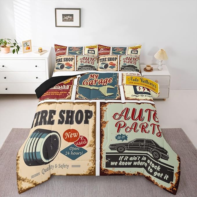 Vintage Car Signs Comforter Set For Boys, Automobile Pattern Down Comforter, Repair Vehicle Garage Bedding Set Twin Size For Kids Girls Teens, Classics Servicing Duvet Insert Bedroom Decor