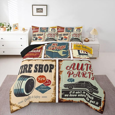 Vintage Car Signs Comforter Set For Boys, Automobile Pattern Down Comforter, Repair Vehicle Garage Bedding Set Queen Size For Kids Girls Teens, Classics Servicing Duvet Insert Bedroom Decor
