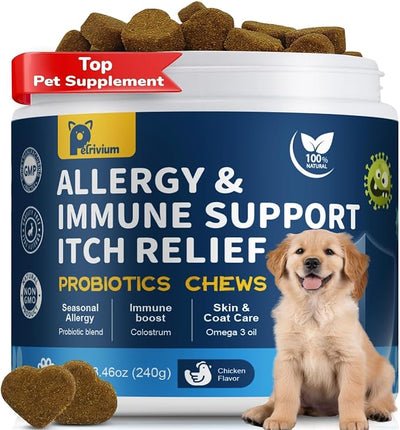 Dogs Allergy & Itch Relief Chews, Dog Probiotics for Skin & Immune Support Helps Relieve Itchy Skin & Ear, Dog Allergy Supplement for Paw Licking, Itching Skin Relief with Colostrum, Fish Oil (Brown)