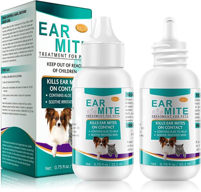 2 Pack Ear Mite Treatment for Dogs and Cats, with Aloe Vera, Cat Ear Mite Treatment Cleaner on Contact & Soothes Itching, Vet-Recommended Formula for Ear Infection Treatment Drops