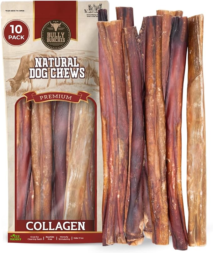 12 Inch Collagen Wrapped in Beef Bully Stick | Consistently Sized, All-Natural, Long Lasting Dog Chew | Dental Stick for Avid Chewers (12 Inch, 10 Pack)