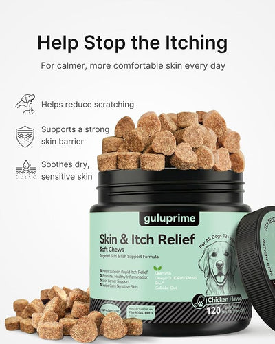 Dog Itch Relief Chews for Dogs – Itchy Paws & Paw Licking Support, Anti Itch Soft Chews for Itchy Skin, Daily Skin & Coat Supplement, 120 Chews
