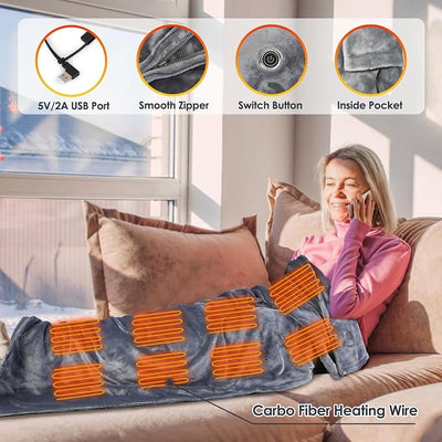 Heated Blanket Electric Throw, 59" x 31" Soft Cozy Flannel Wearable USB Electric Heated Shawl Poncho Wrap Blanket Winter Warmer with Zipper for Car Office Home Travel