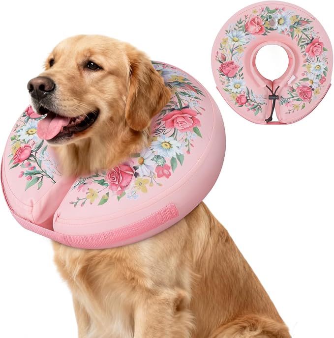IEUUMLER Inflatable Recovery Dog Cone Collar, Neck Donut Protective ECollar, Adjustable Soft Collar for Dog and Cat After Surgery Prevent from Biting & Licking EU020 Floral Wreath M