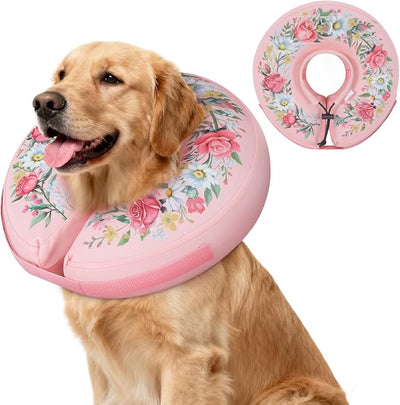 IEUUMLER Inflatable Recovery Dog Cone Collar, Neck Donut Protective ECollar, Adjustable Soft Collar for Dog and Cat After Surgery Prevent from Biting & Licking EU020 Floral Wreath L+