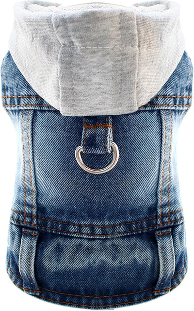 Cool Dog Jean Jacket Vest with D-Ring Blue Denim Dogs Hoodies Outfits for Small Medium Dogs Cats Boy Male Dog Clothes Costume Dogggie Puppy Harness Coat for Frenchie Walking(Grey Hat,M)