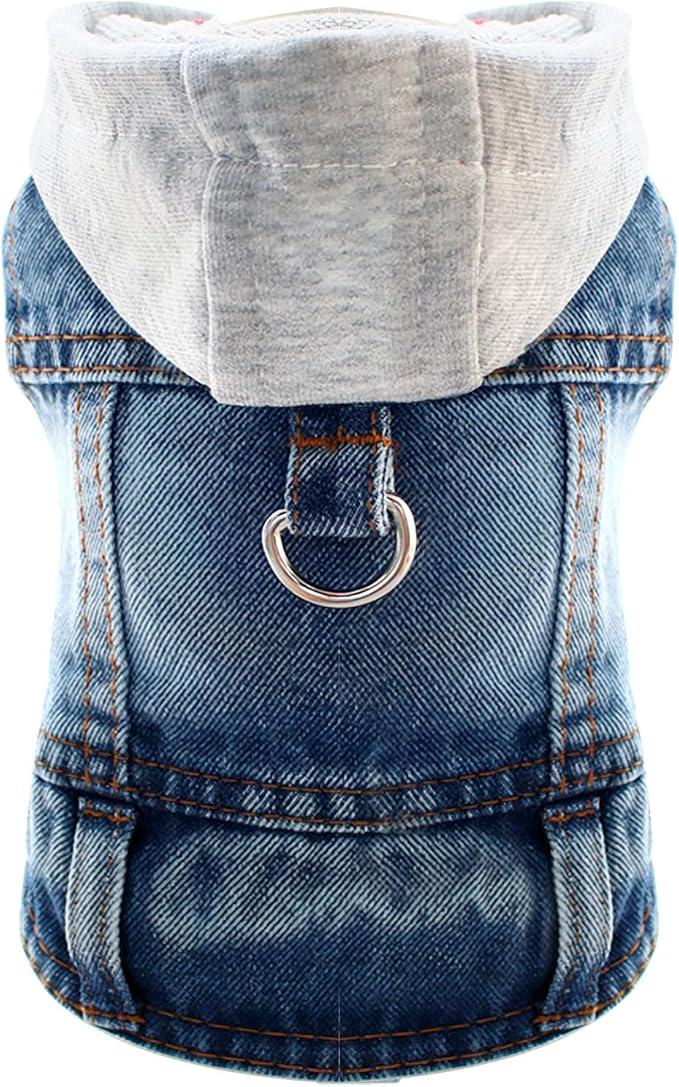 Cool Dog Jean Jacket Vest with D-Ring Blue Denim Dogs Hoodies Outfits for Small Medium Dogs Cats Boy Male Dog Clothes Costume Dogggie Puppy Harness Coat for Frenchie Walking(Grey Hat,XXL)