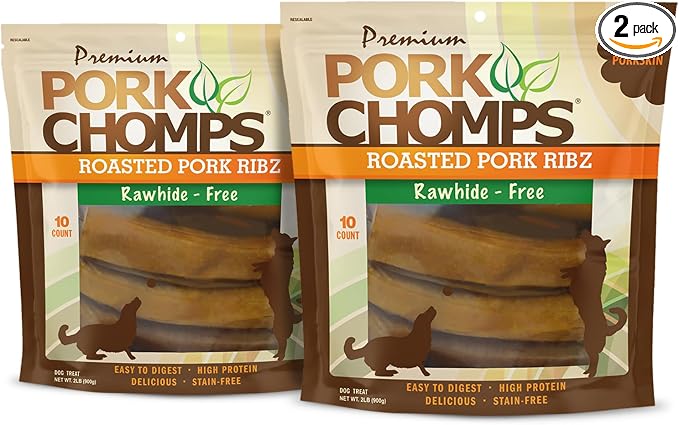 Roasted Pork Skin Dog Chews, 6 Inch Rib Shapes, 10 Count, Pack of 2 - Long-Lasting Treats for Dogs - High Protein, Rawhide-Free, Low Fat, Healthy & Delicious Chews