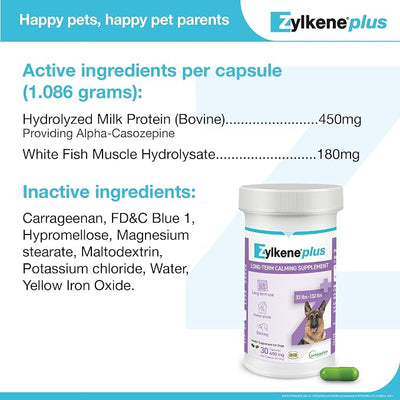 Vetoquinol Zylkene Plus Long-Term Calming Supplement with Alpha-Casozepine and White Fish Muscle Hydrolysate for Large Dogs 33-132lbs, Daily Behavioral Support for Dogs, 450 mg